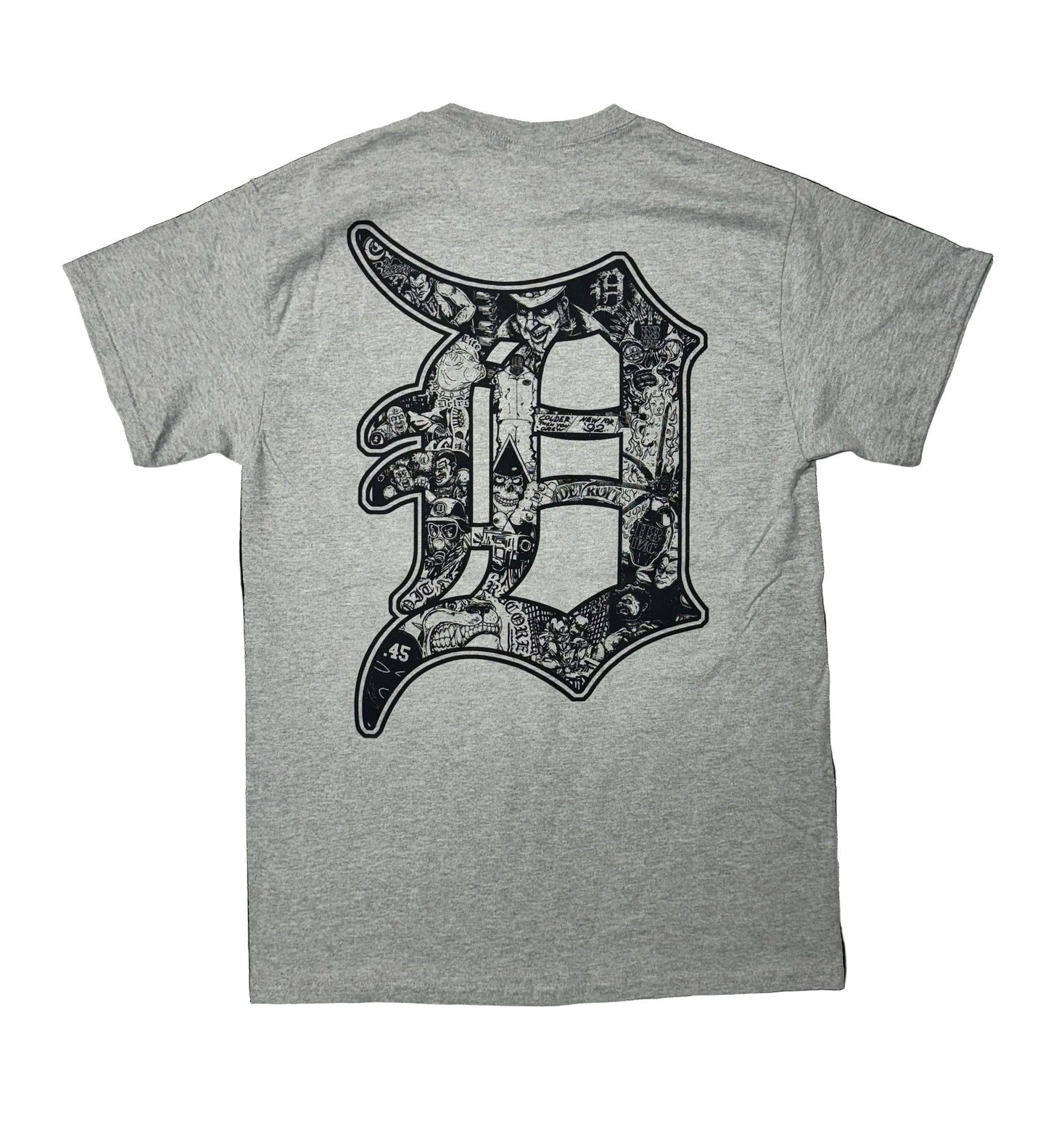 Gray t-shirt with a large black graphic on the back against a black background