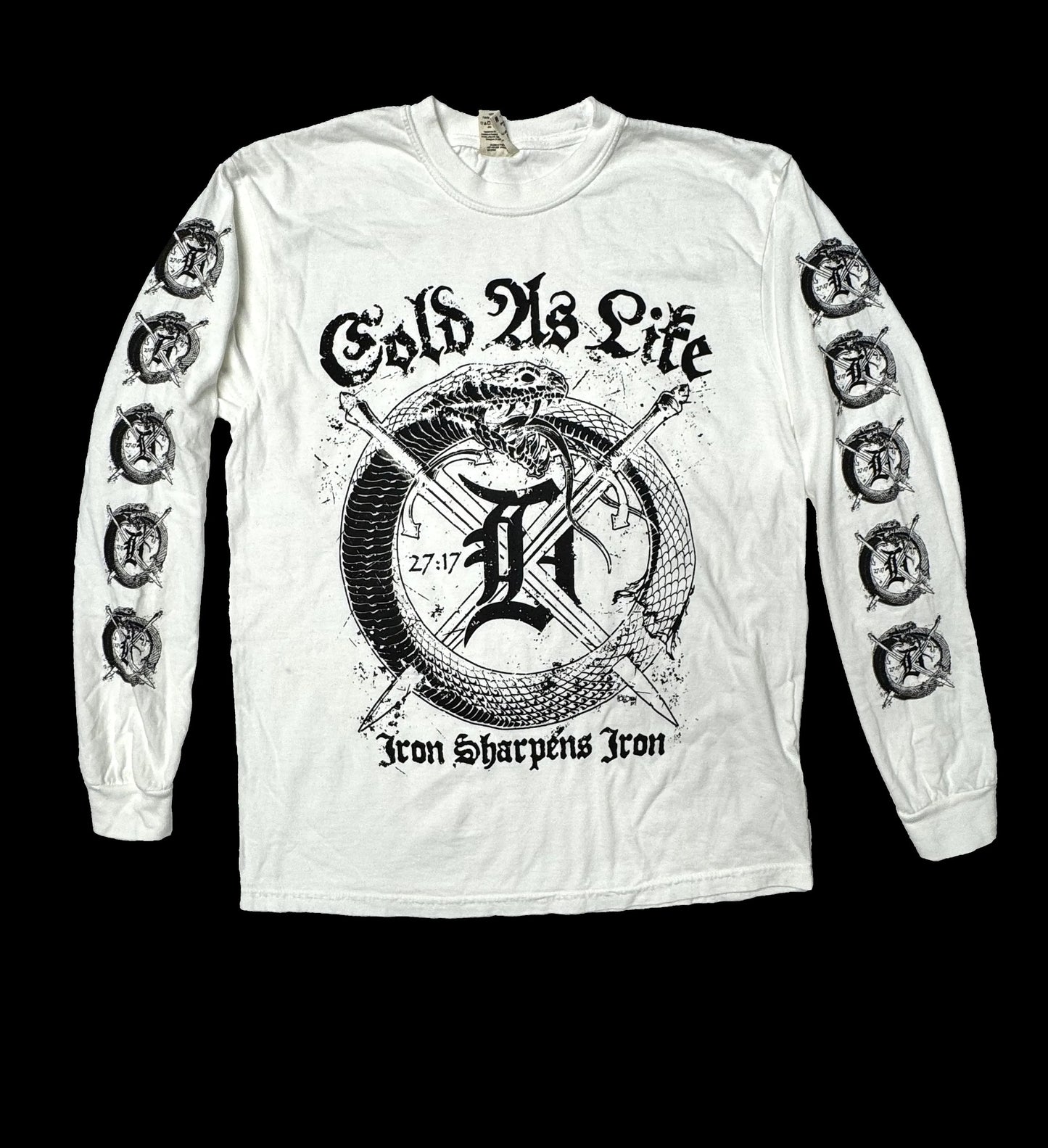 White long-sleeve shirt with black graphic design on a black background