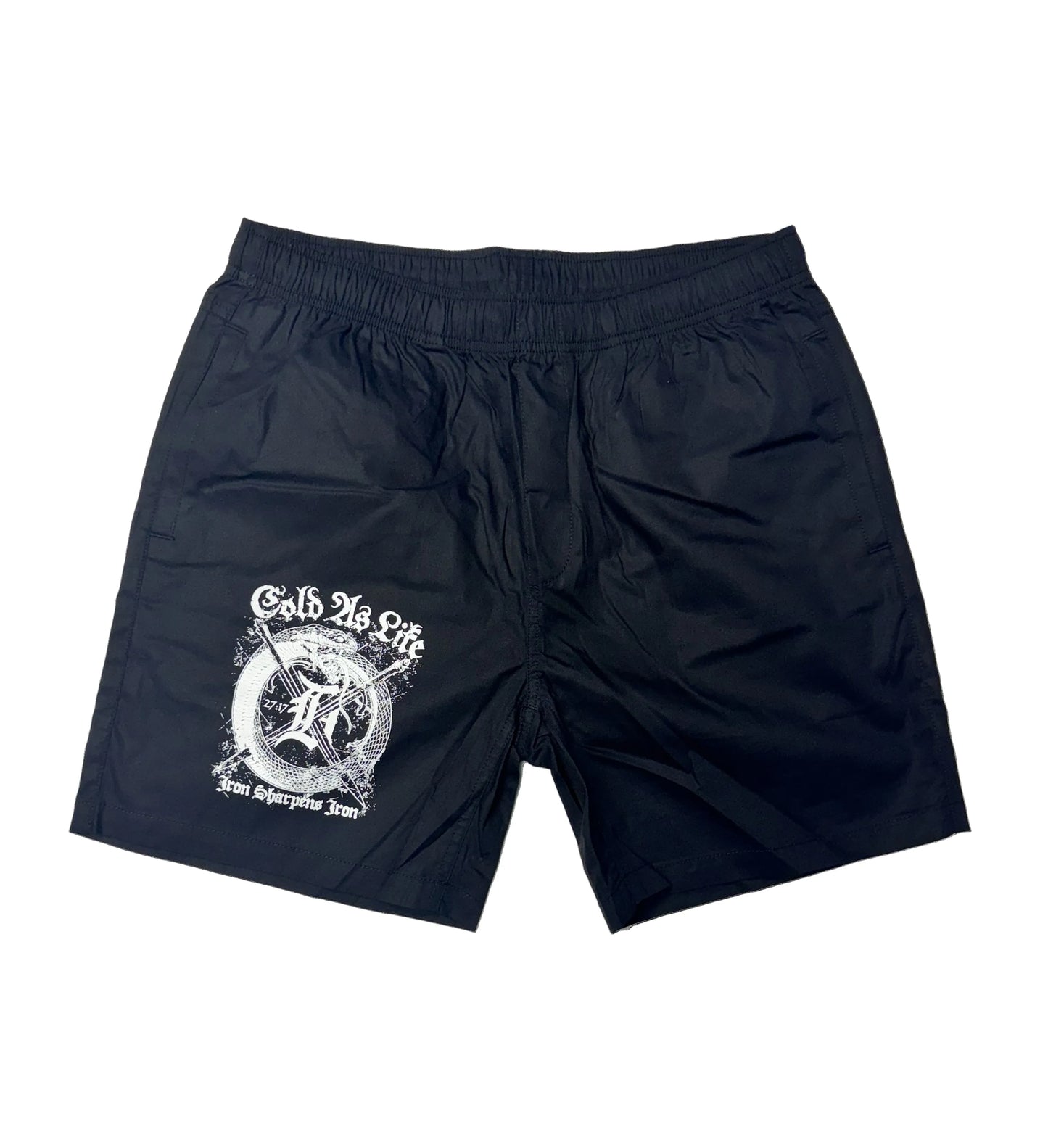 Black shorts with a white graphic design on a white background