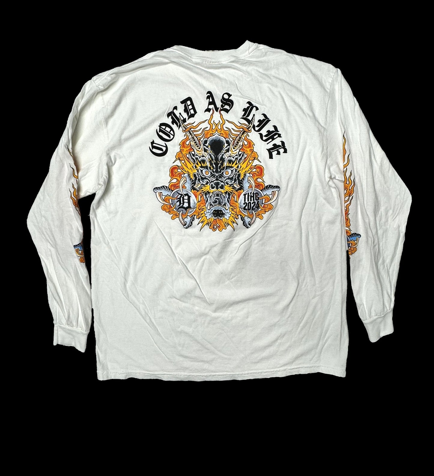 White long-sleeve shirt with graphic design and text on a black background