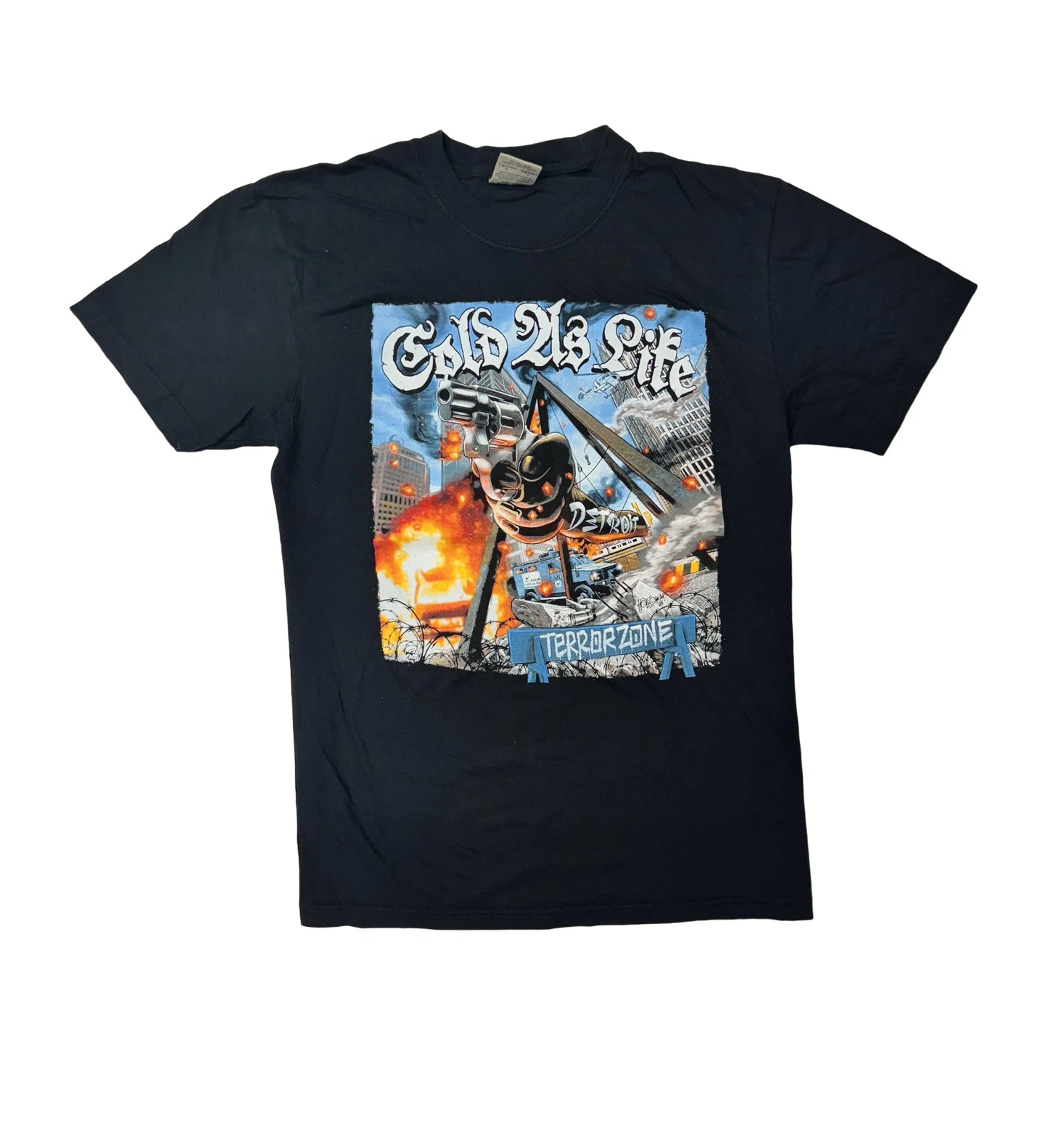 Black t-shirt with a graphic design featuring a character and text on a black background