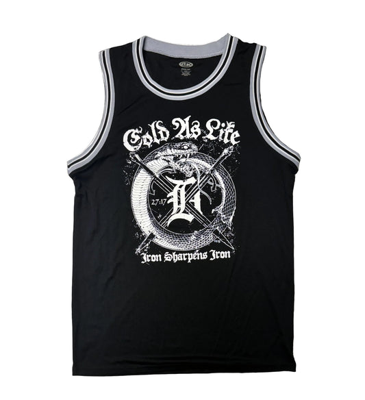 Black basketball jersey with white logo on a white background