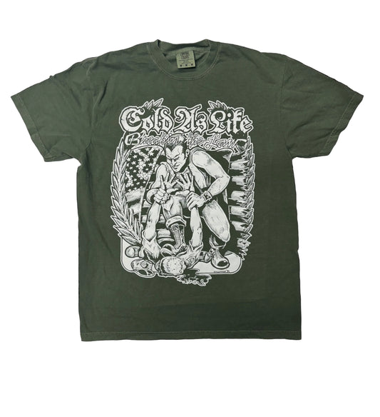 Green t-shirt with graphic design and text on a black background