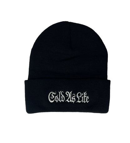 Black beanie with 'Cold As Life' embroidery on a white background