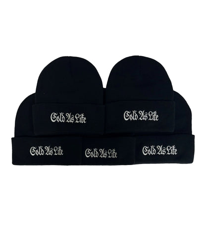 Black beanie with 'Gold is Life' text on a white background