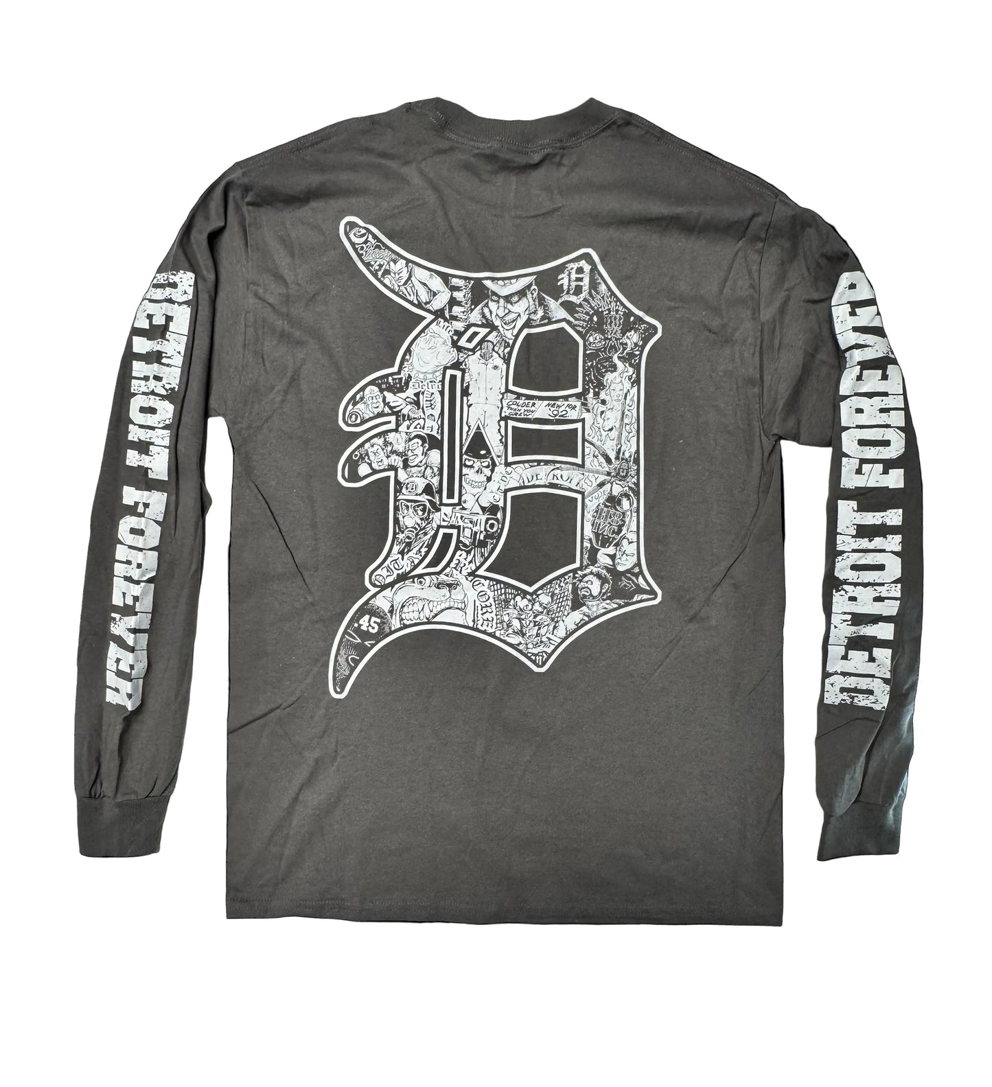 Gray long-sleeve shirt with a graphic design and 'Detroit Forever' text on sleeves against a black background