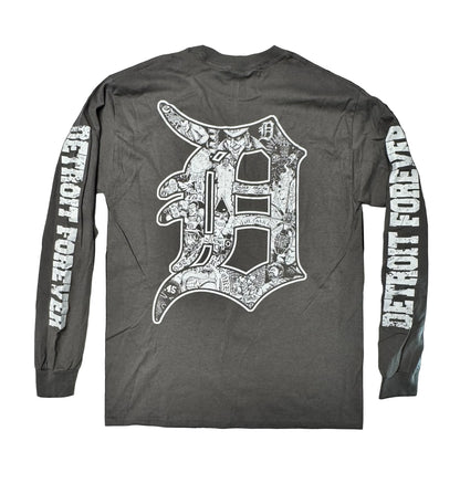 Gray long-sleeve shirt with a graphic design and 'Detroit Forever' text on sleeves against a black background