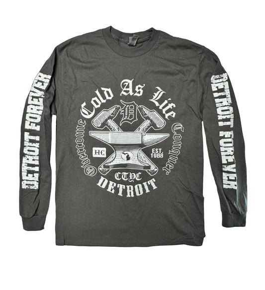 Gray long-sleeve shirt with white graphic design on a black background