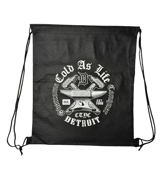 Black drawstring bag with white logo and text on a white background