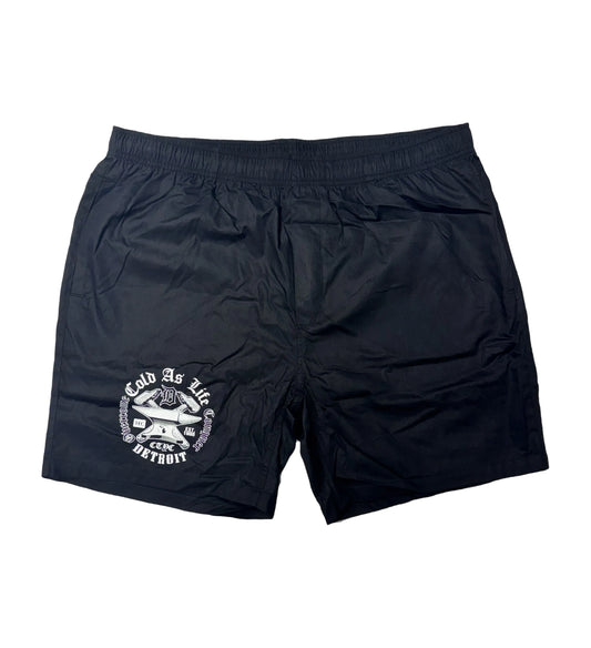 Black shorts with a white logo on a white background