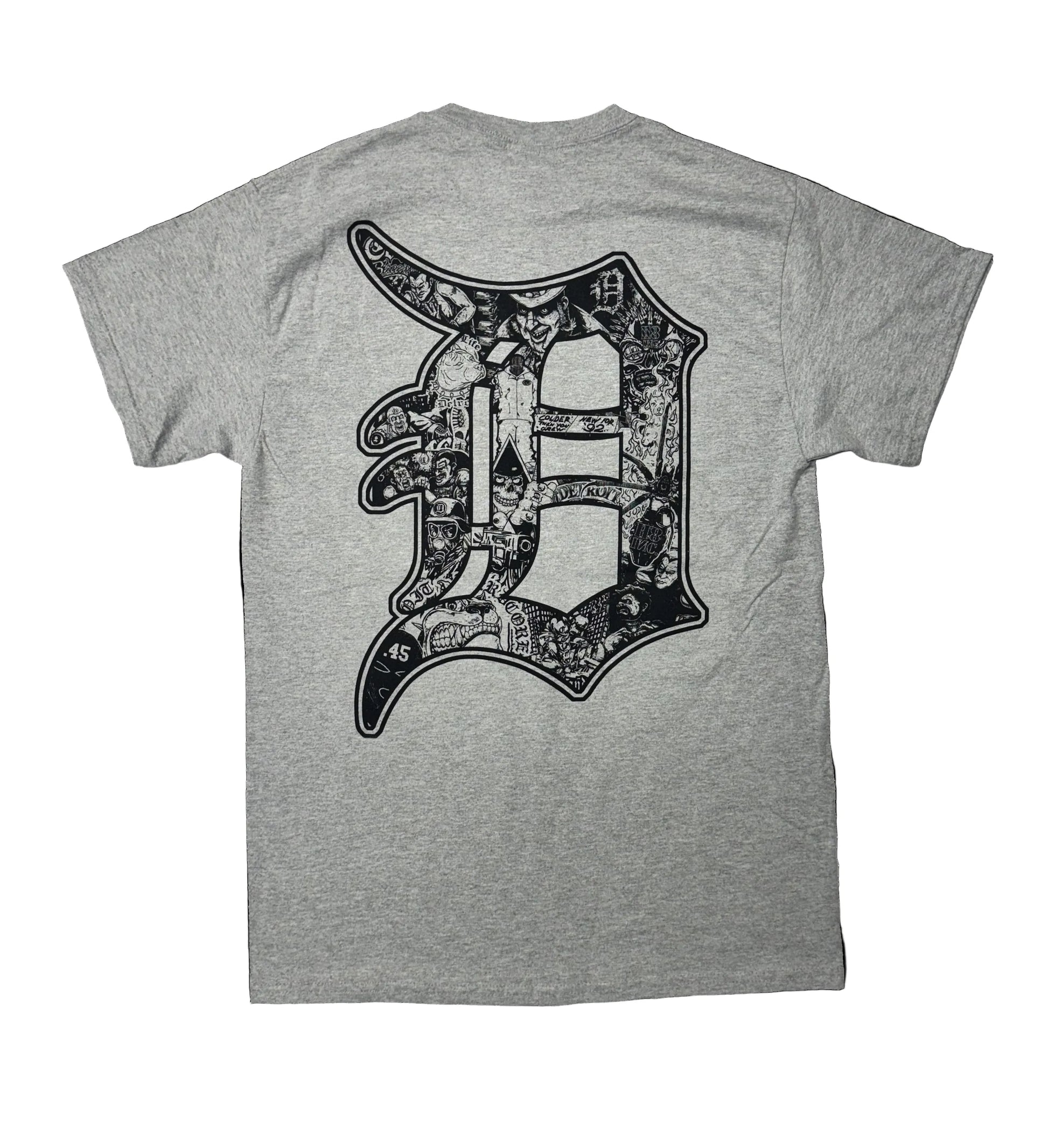 Gray t-shirt with a large black graphic on the back against a black background