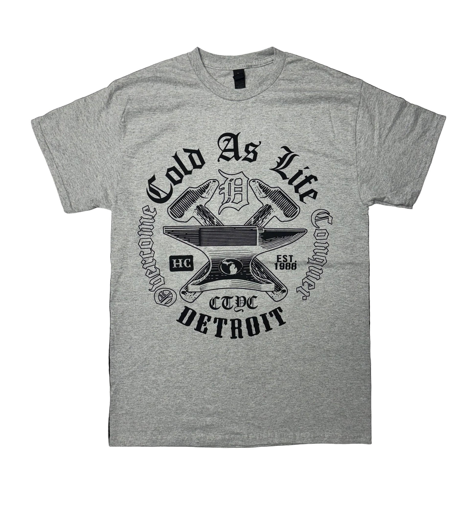 Gray t-shirt with black graphic design and text on a white background