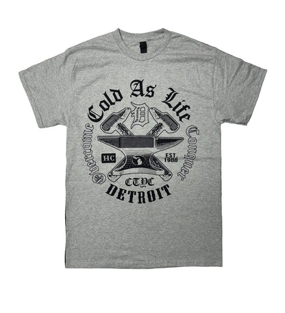 Gray t-shirt with black graphic design and text on a white background