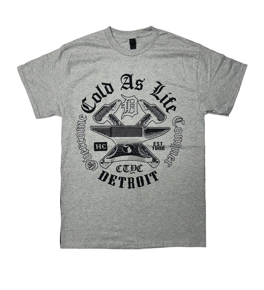 Gray t-shirt with black graphic design and text on a white background