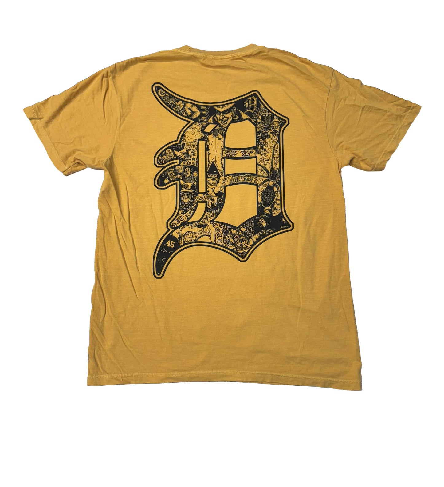 Yellow t-shirt with a black logo on the back against a white background