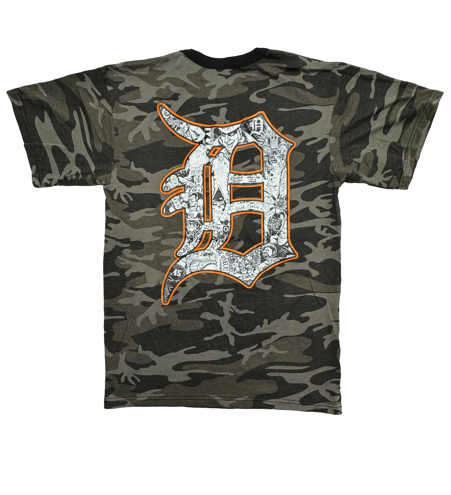 Camouflage t-shirt with a logo on a white background