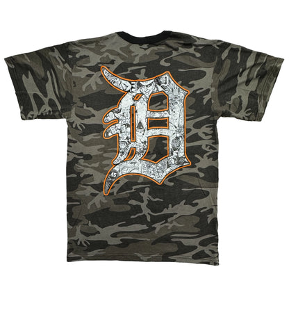 Camouflage t-shirt with a logo on a white background