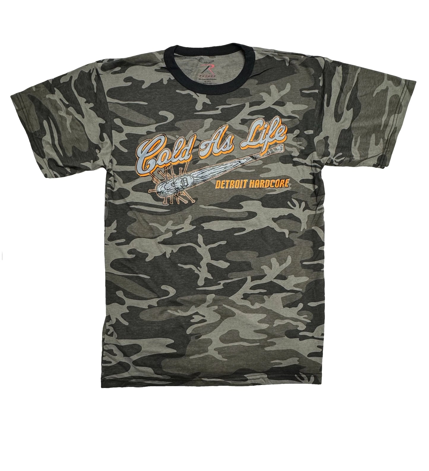 Camouflage t-shirt with 'Cold As Life' and 'Detroit Hardcore' text on a white background