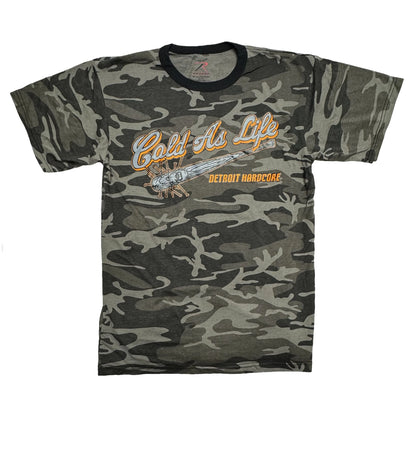 Camouflage t-shirt with 'Cold As Life' and 'Detroit Hardcore' text on a white background