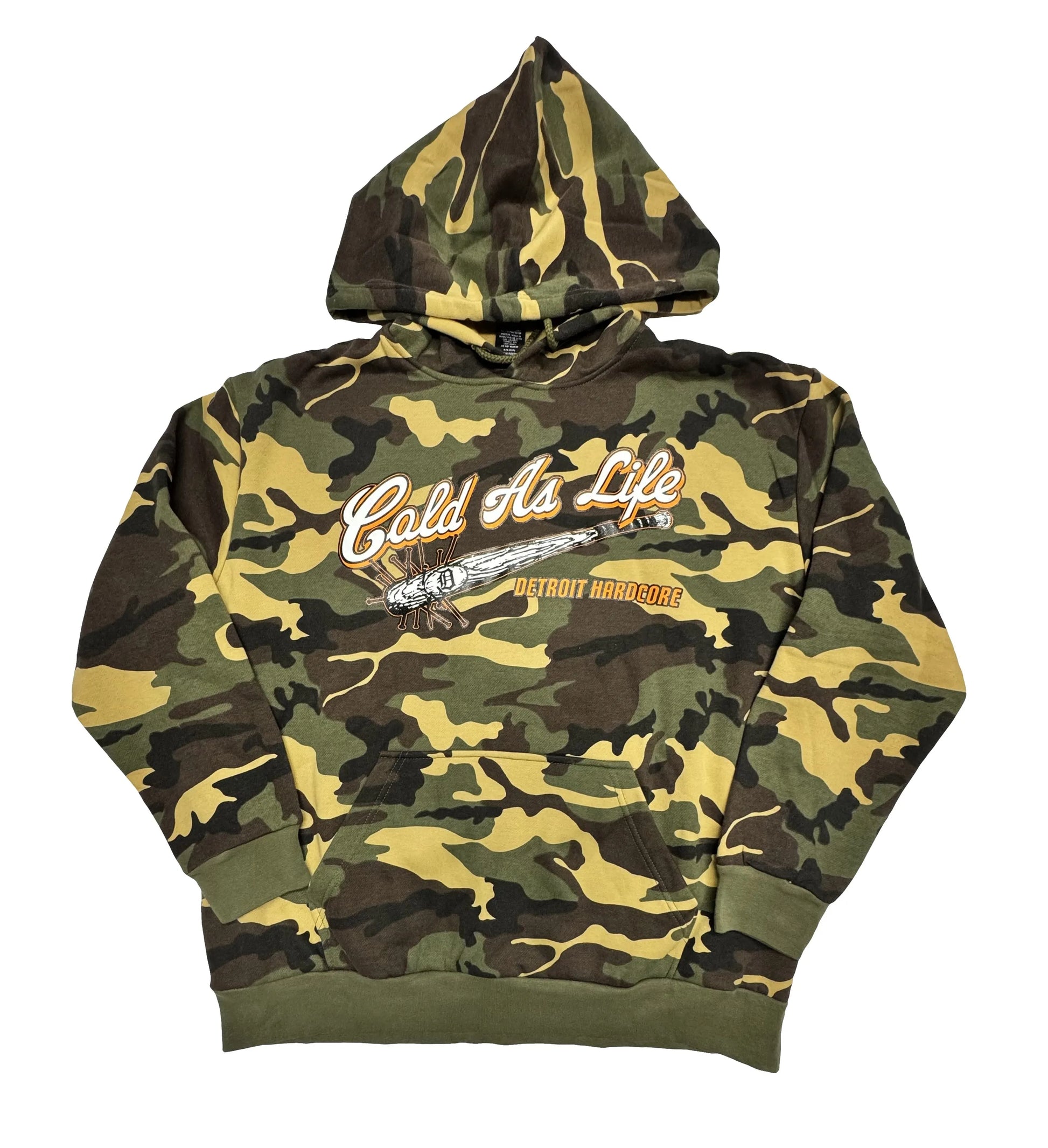 Camouflage hoodie with 'Cold As Life' text on a white background