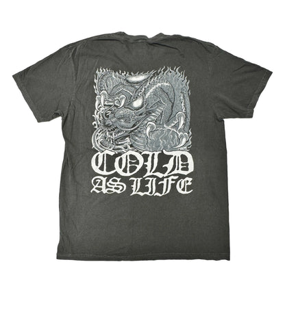 Gray t-shirt with a graphic design and 'COLD AS LIFE' text on a black background