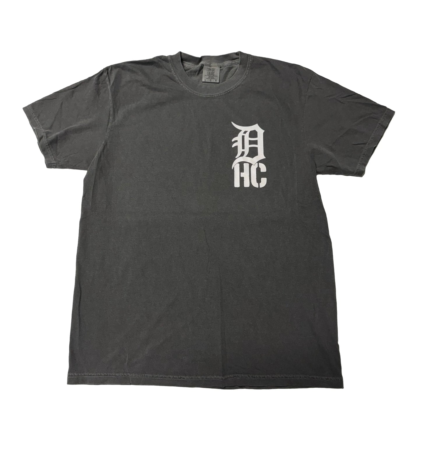 Gray t-shirt with white logo on a black background