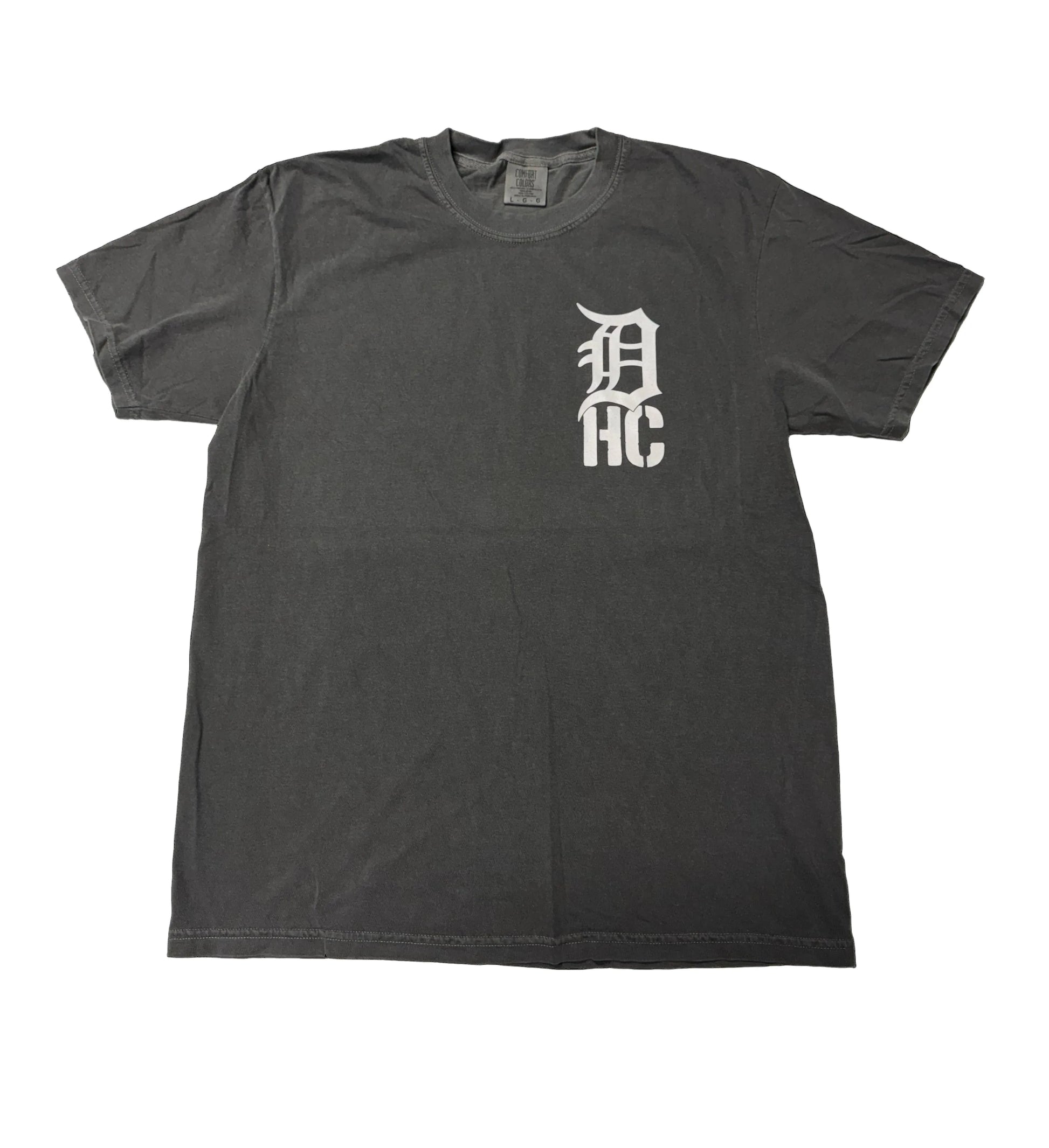 Gray t-shirt with white logo on a black background