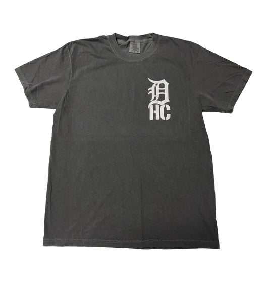 Gray t-shirt with white logo on a black background