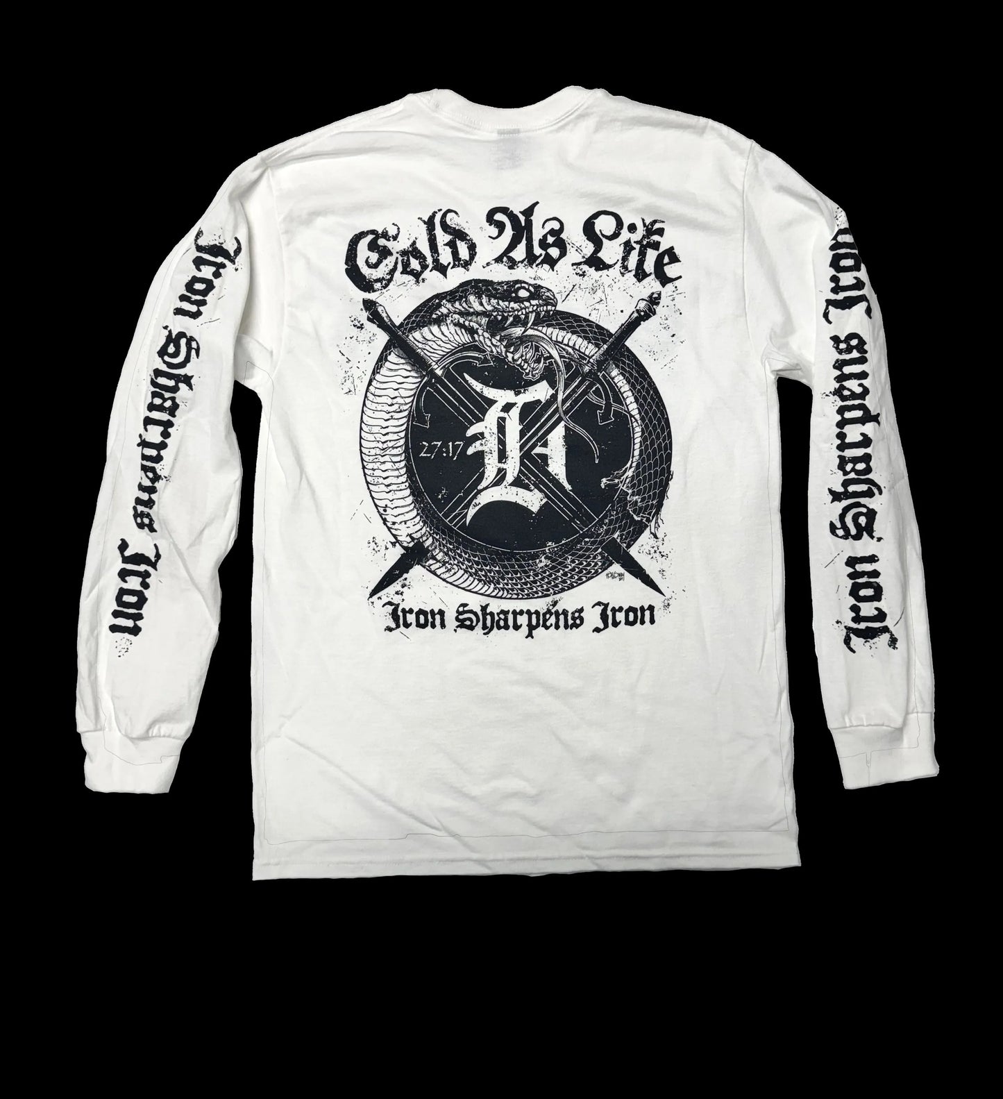 White long-sleeve shirt with black graphic design and text on a black background