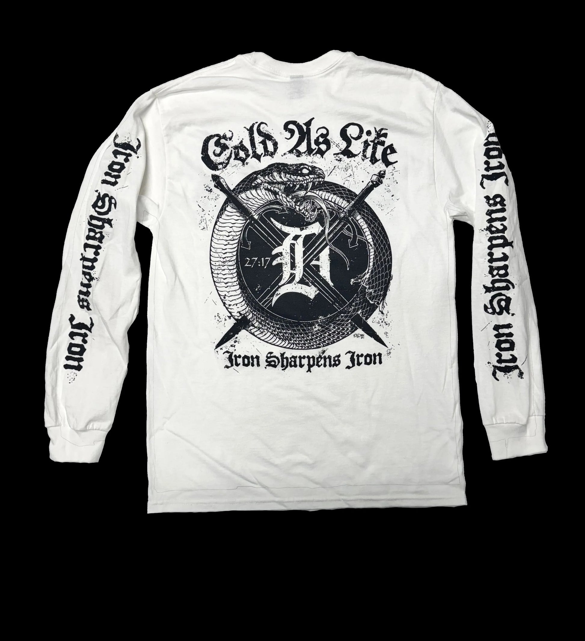 White long-sleeve shirt with black graphic design and text on a black background
