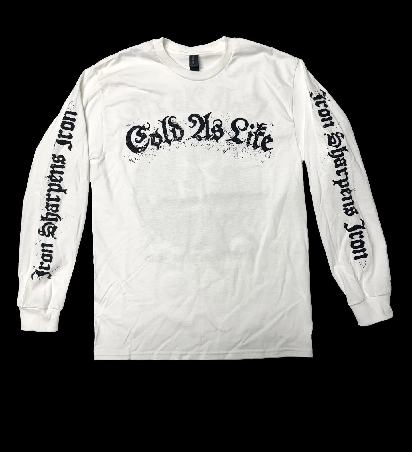 White long-sleeve shirt with black text on a black background