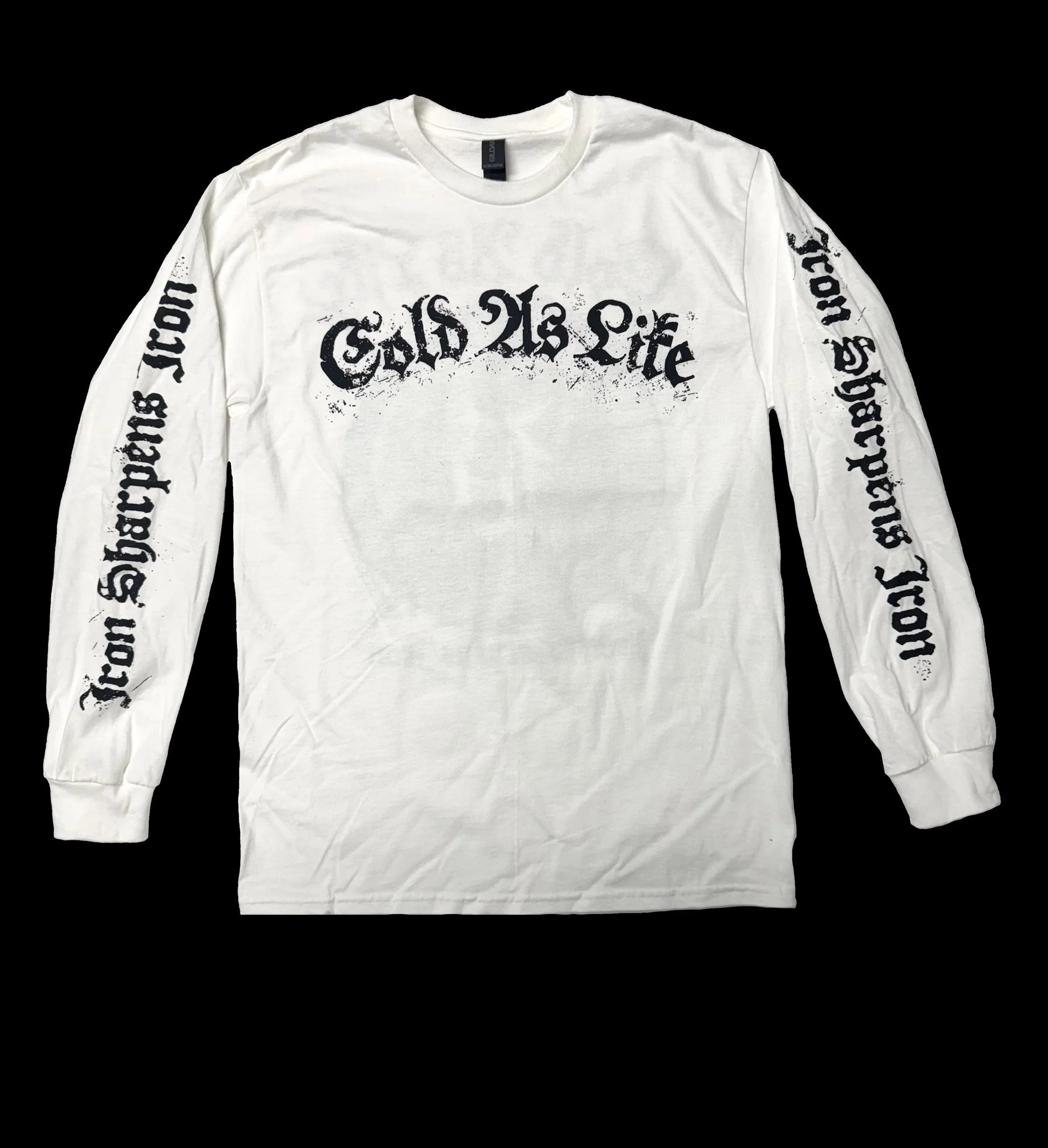 White long-sleeve shirt with black text on a black background