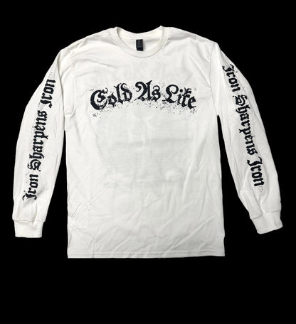 White long-sleeve shirt with black text on a black background