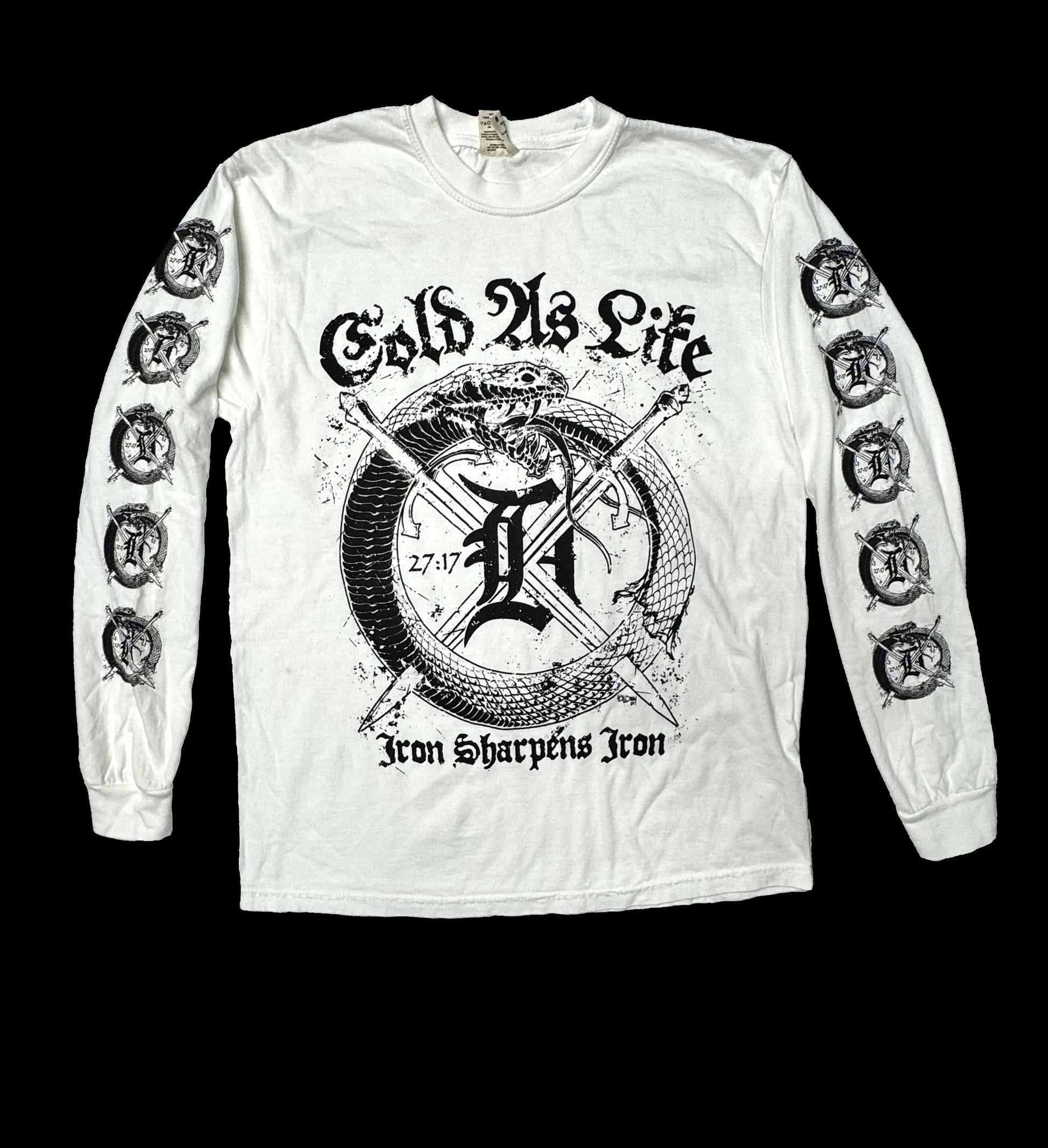 White long-sleeve shirt with black graphic design on a black background