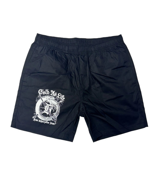 Black shorts with a white graphic design on a white background