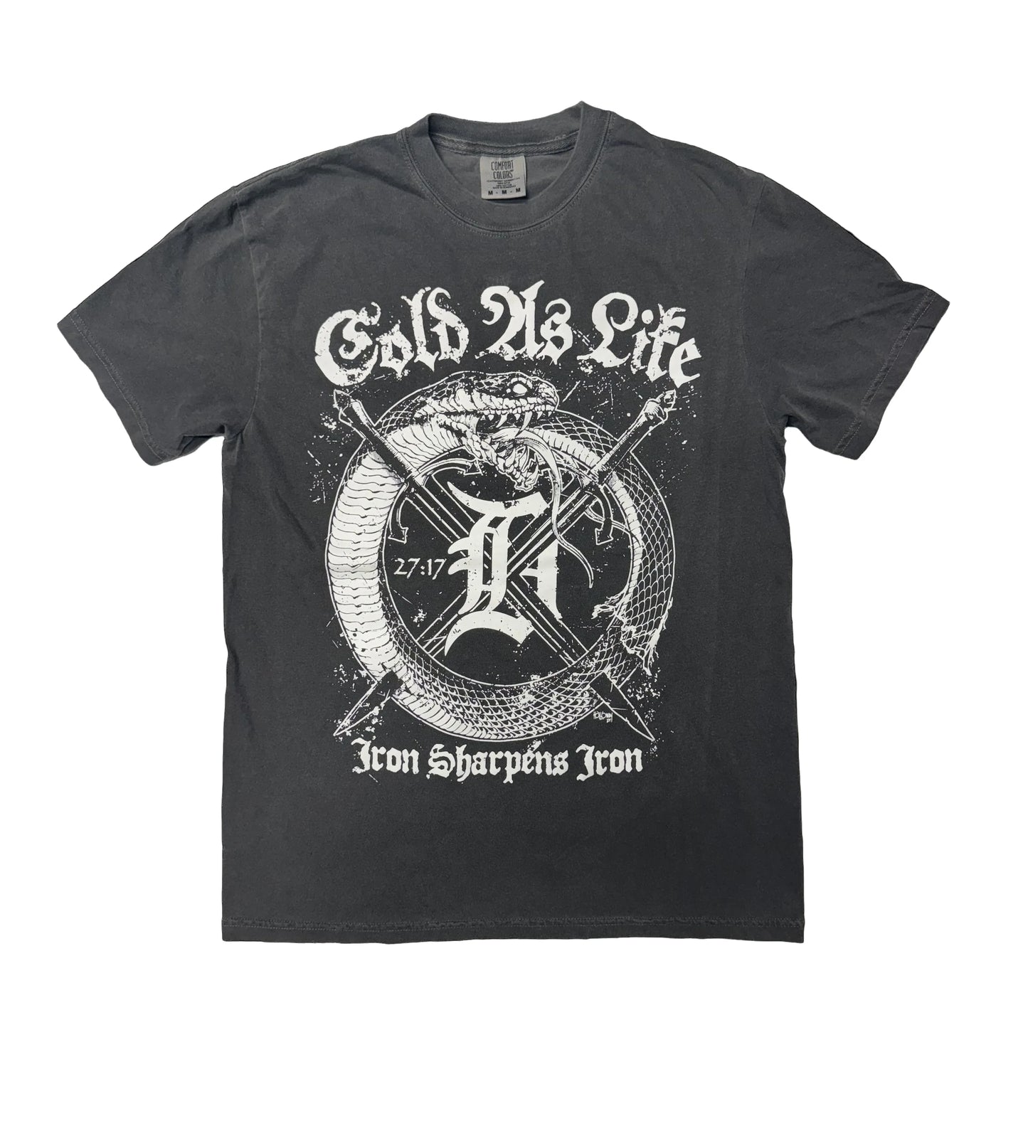 Black t-shirt with white graphic design and text on a black background