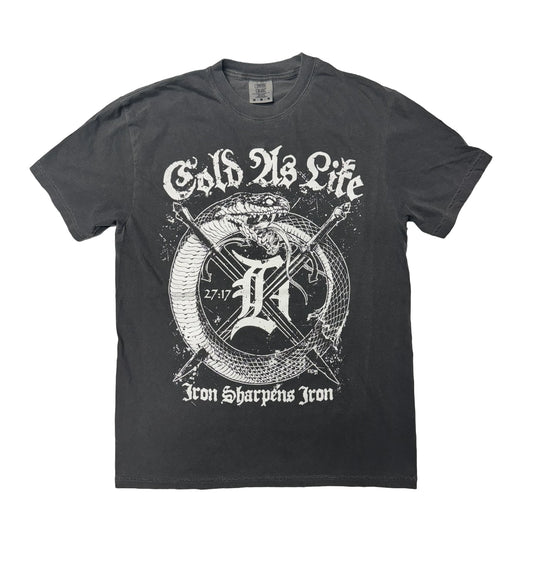 Black t-shirt with white graphic design and text on a black background