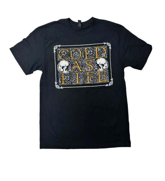 Black t-shirt with 'Cold as Life' graphic design on a white background