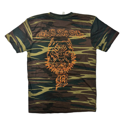 Camouflage t-shirt with a graphic design on a white background