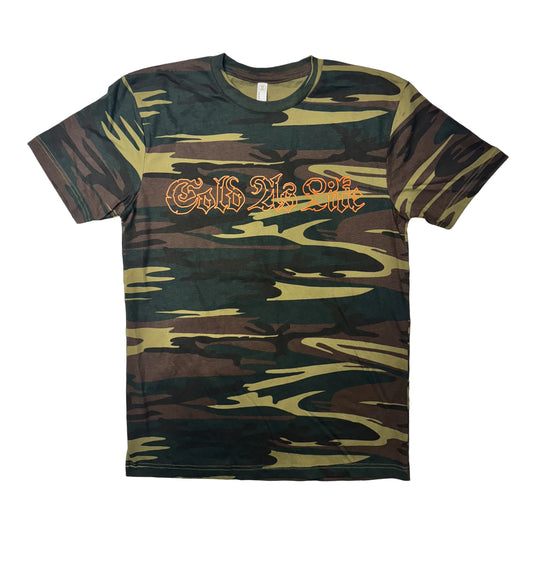 Camouflage t-shirt with text on a black background