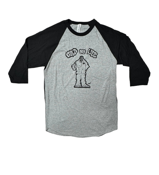 Gray and black baseball shirt with graphic design on a black background