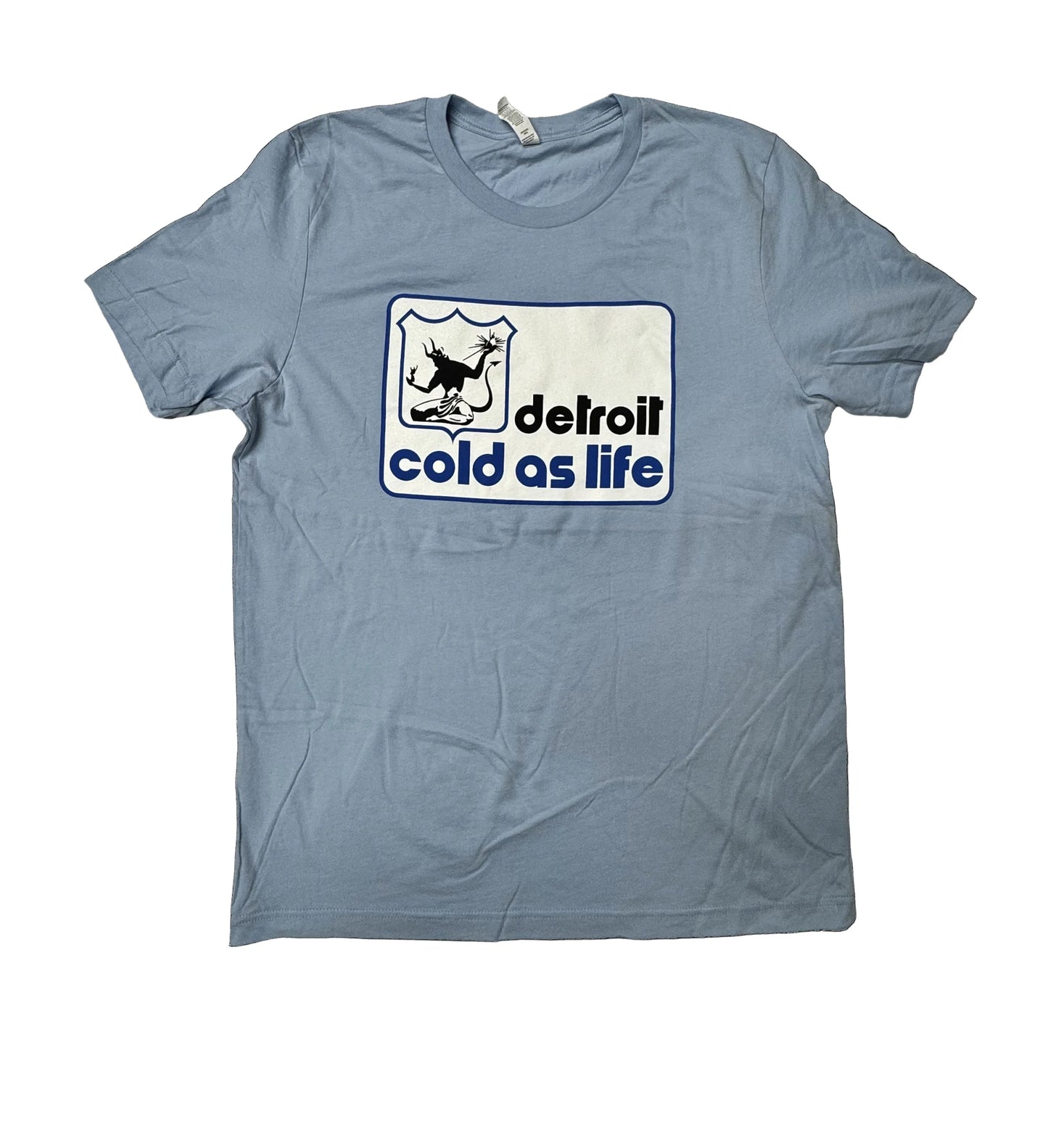 Blue t-shirt with 'Detroit Cold as Life' graphic on a black background
