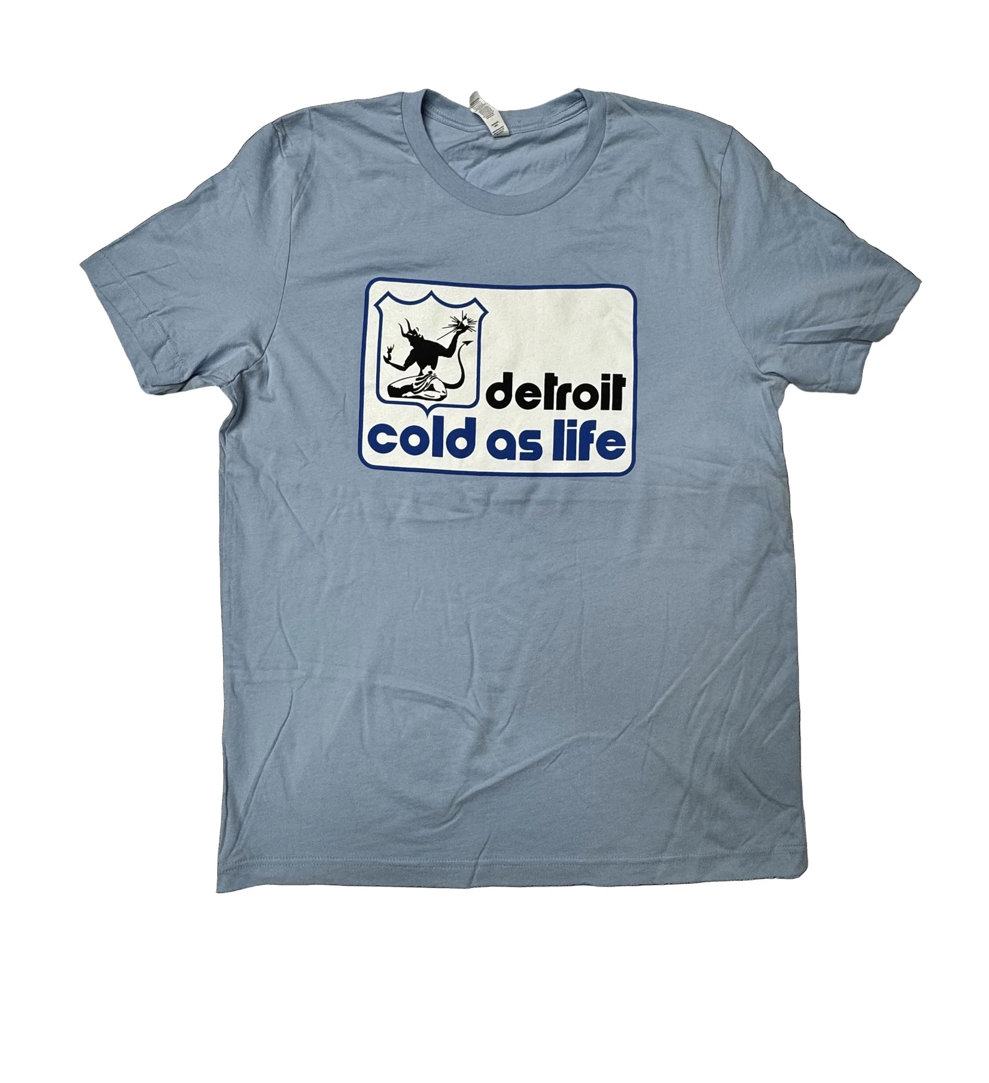 Blue t-shirt with 'Detroit Cold as Life' graphic on a black background