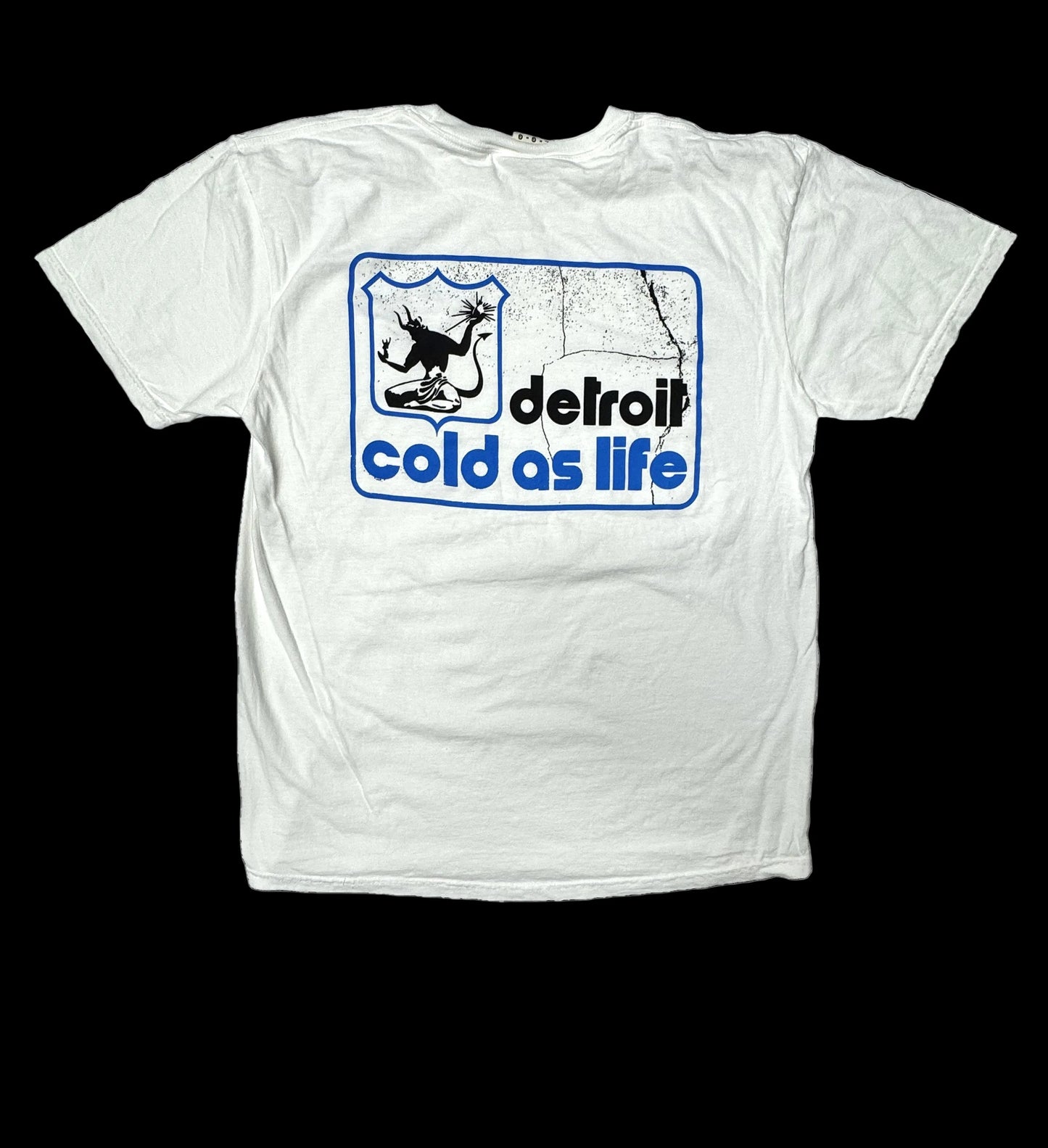 White t-shirt with 'Detroit Cold as Life' graphic design on a black background