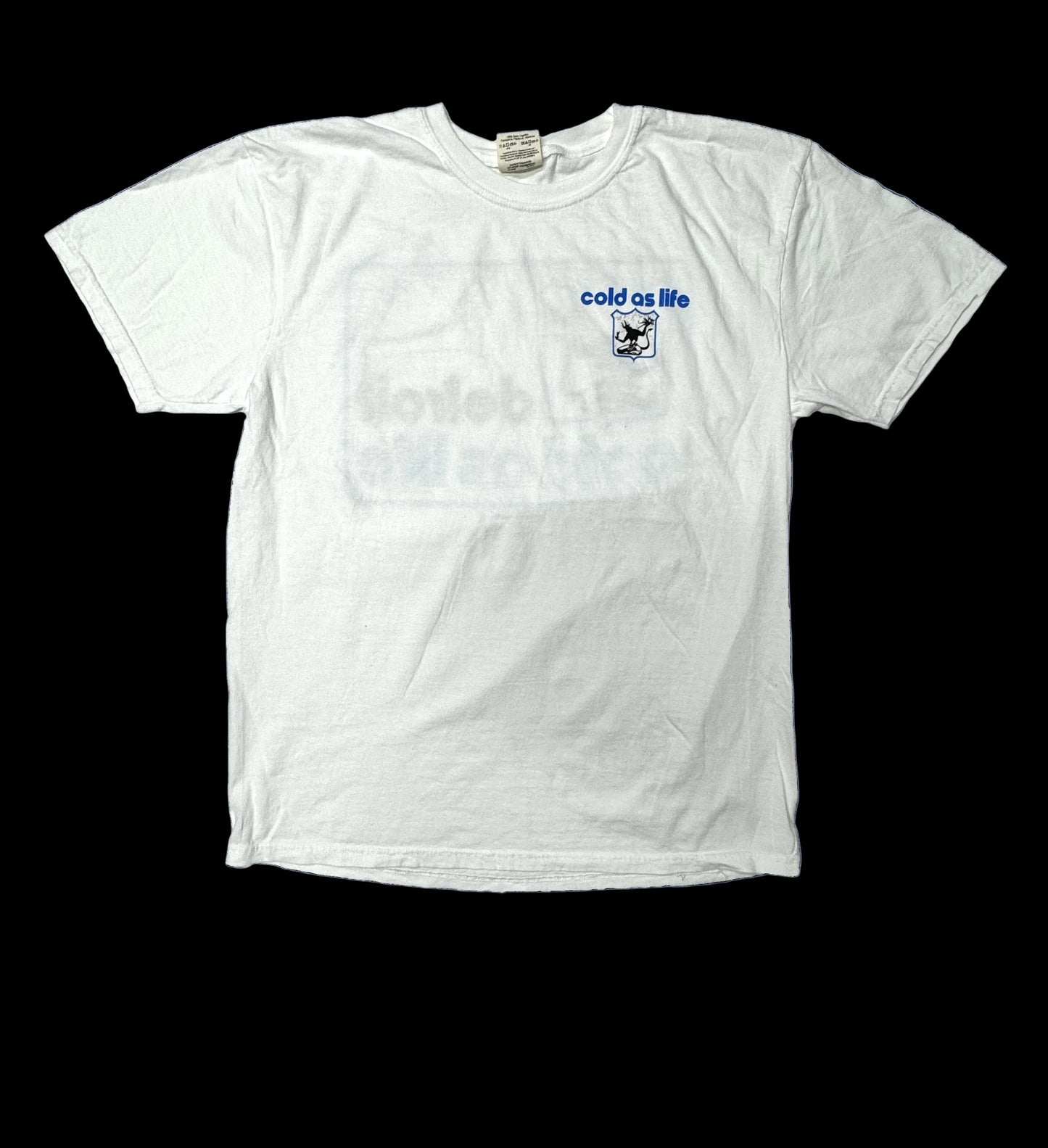 White t-shirt with 'cold as life' text and graphic on a black background
