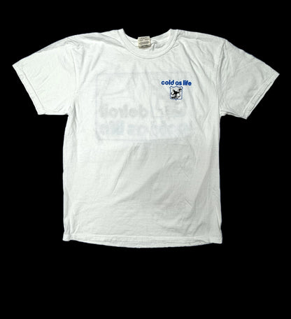 White t-shirt with 'cold as life' text and graphic on a black background