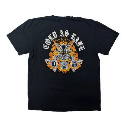 Black t-shirt with a graphic design and text on a black background