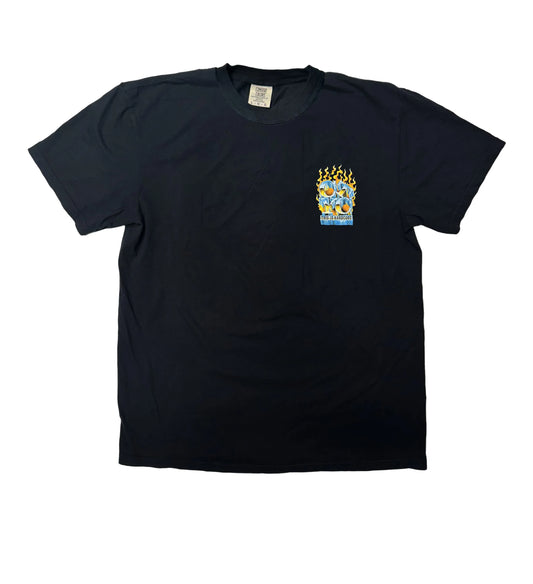 Navy blue t-shirt with a colorful graphic on the chest against a black background