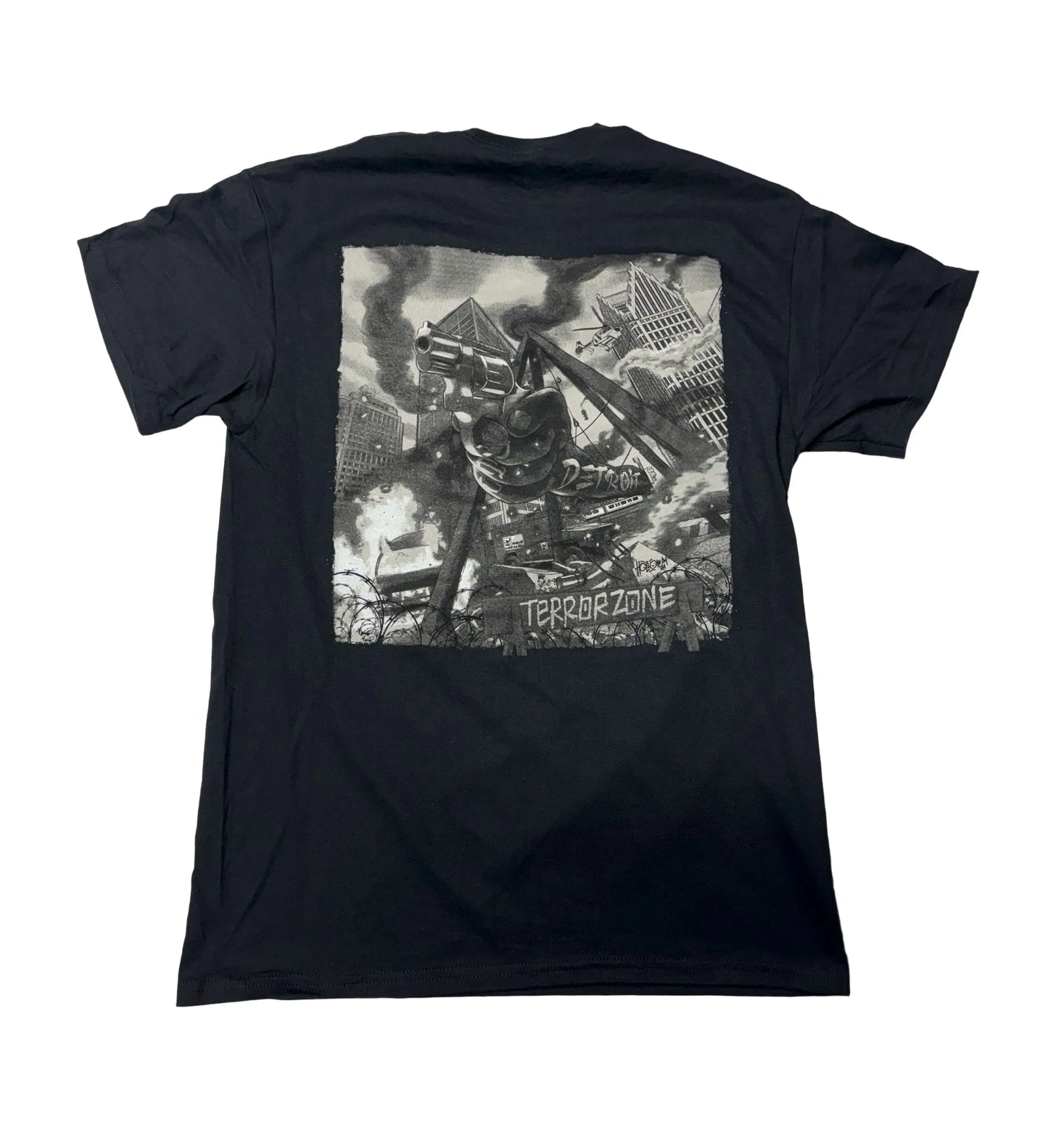 Black t-shirt with a graphic design on the back featuring a cityscape and the word 'Terrorzone'.