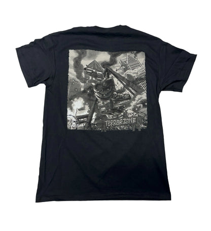 Black t-shirt with a graphic design on the back featuring a cityscape and the word 'Terrorzone'.
